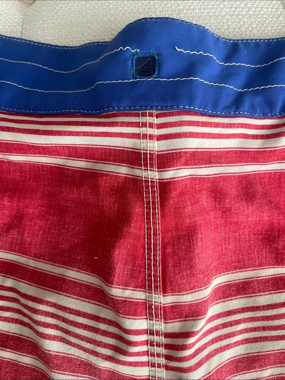 Sperry Red Striped Swim Board Shorts with Blue Waistband